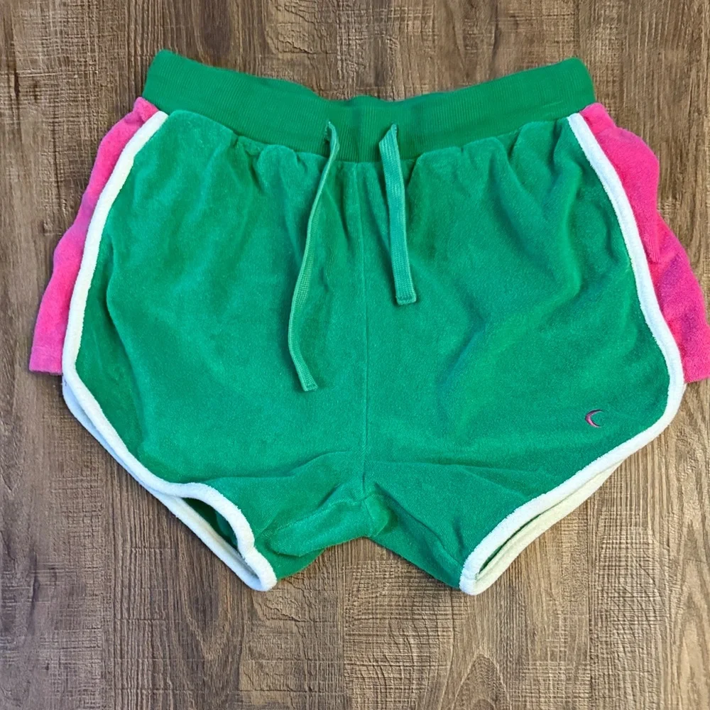 ZYIA Active Cabana Terry Cloth Shorts Green Pink Trim Drawstring Beach Size S